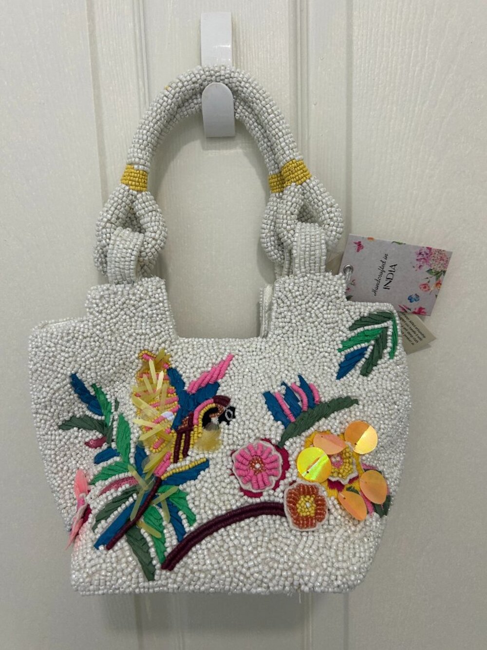 Beaded Sequin Bag Hummingbird Colorful Spring Flowers Top Handle Made in India